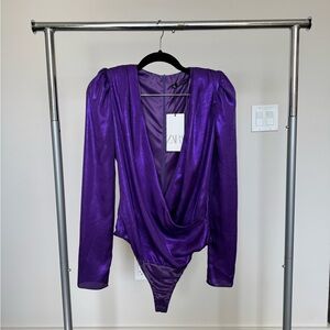 Zara Purple Asymmetrical Puff Sleeve Bodysuit